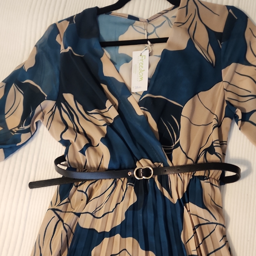 Women's Floral Wrap Dress - Blue and Tan
